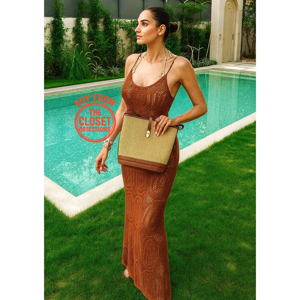 Mango Brown Knit Maxi Dress Bodycon Openwork Vacation NWT - Picture 13 of 16